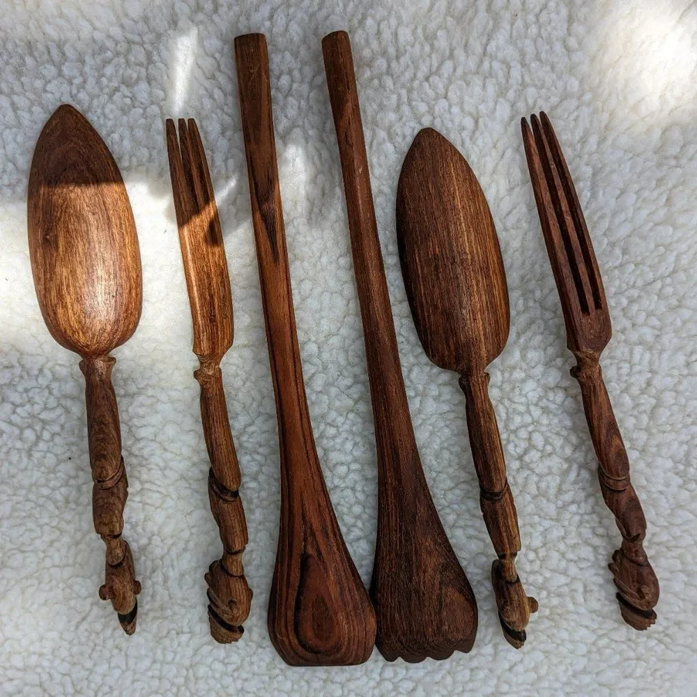 Bundle of six (6) dark, rich wood teak wooden hand-carved utensils